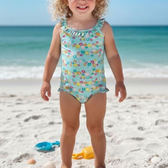 Size 1-2 Girls Mint Green Flowers 1pc Bathing Suit Swimsuit Bikini H&M Swimwear - Picture 1 of 5